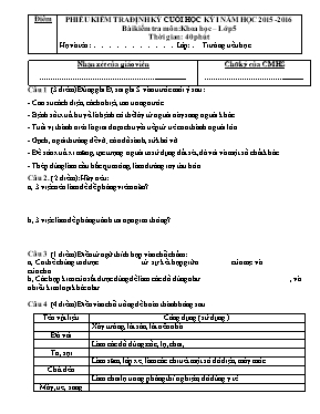 Đề kiểm tra định kỳ cuối học kì I môn Khoa học Lớp 5 - Năm học 2015-2016 (Có đáp án)
